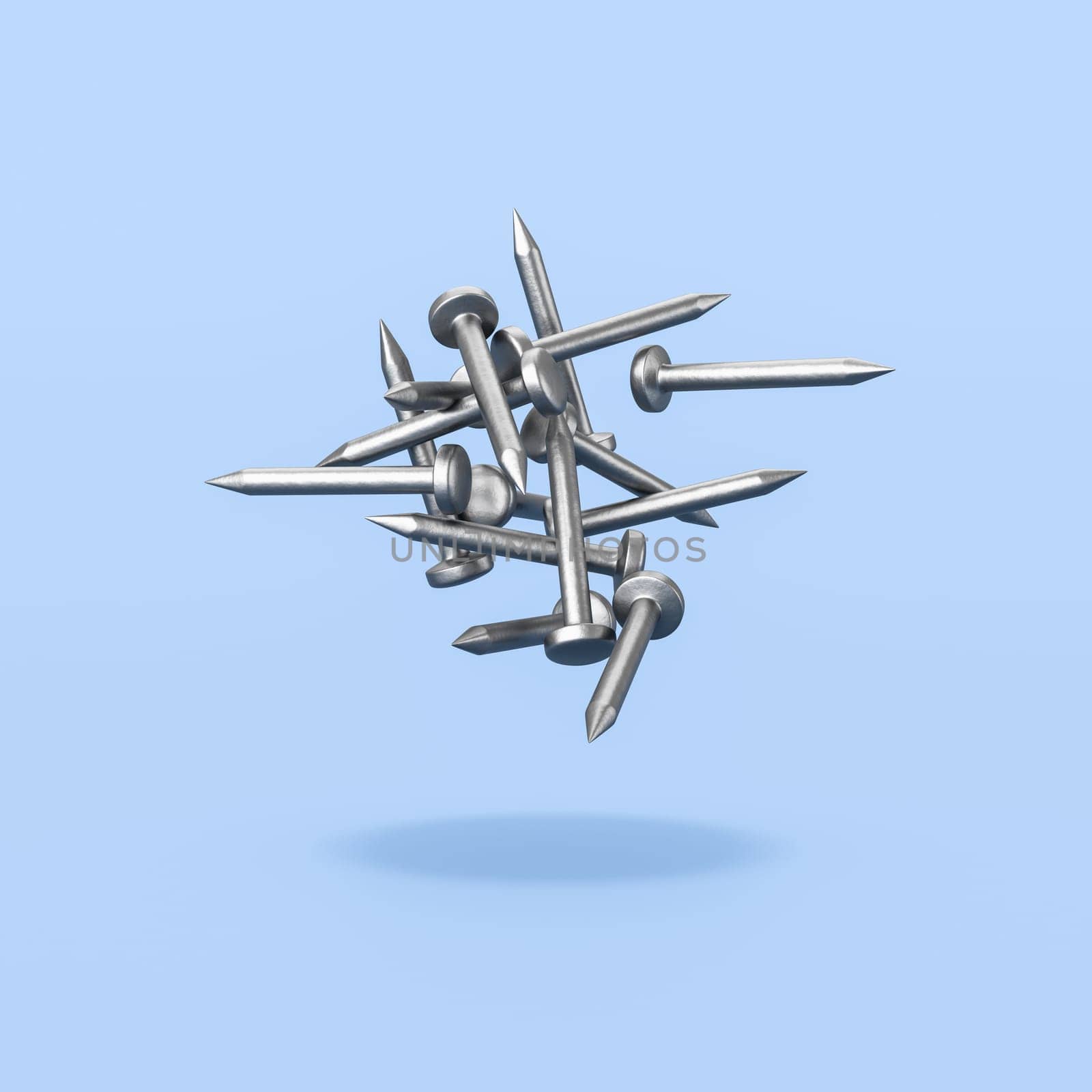 Iron Nails Isolated on Flat Blue Background with Shadow 3D Illustration