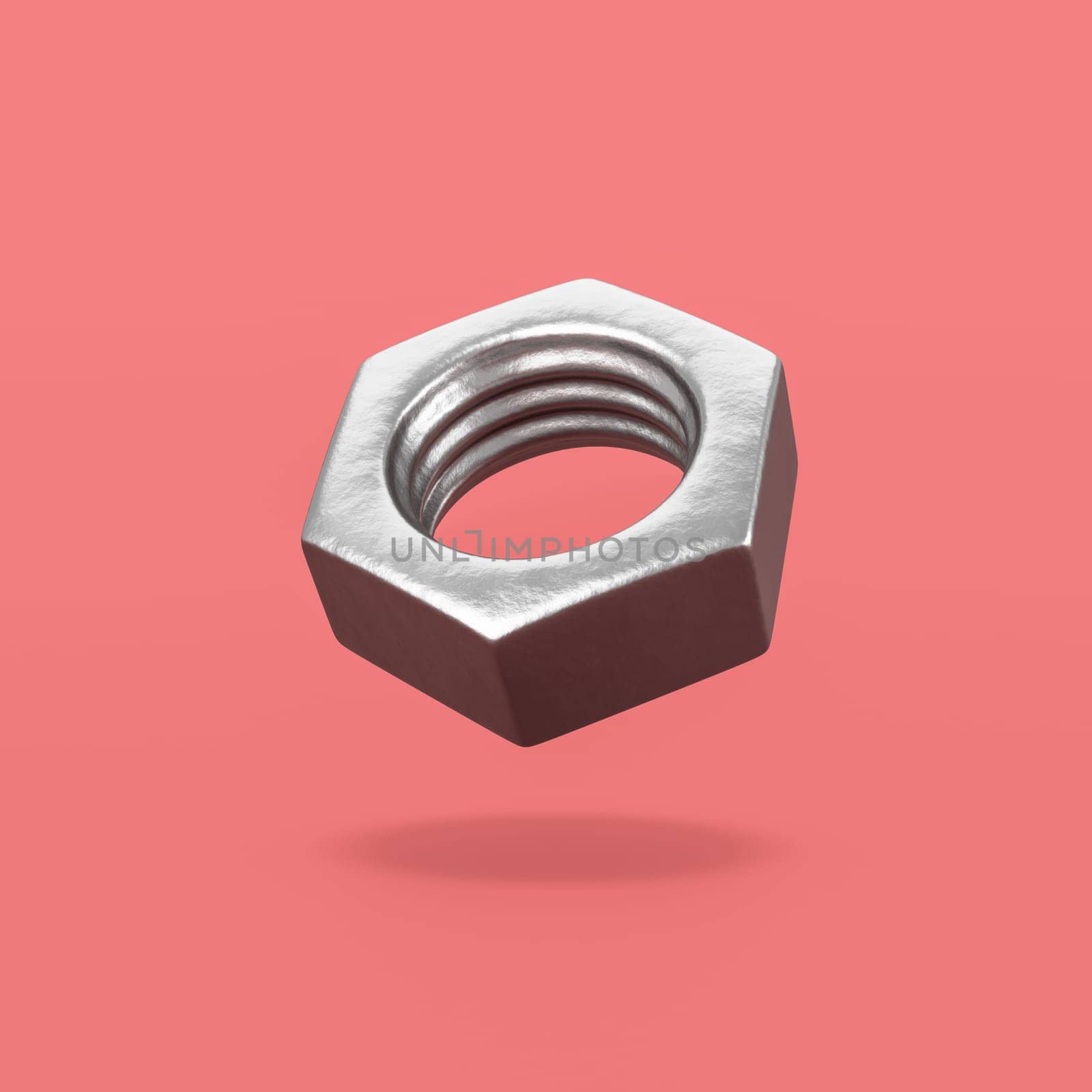 Single Metal Nut Isolated on Flat Red Background with Shadow 3D Illustration