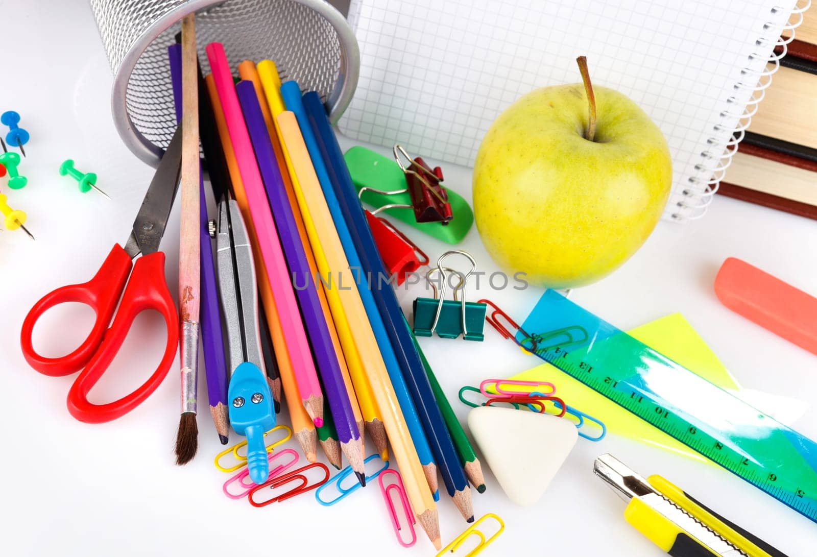 office and school supplies on a white background