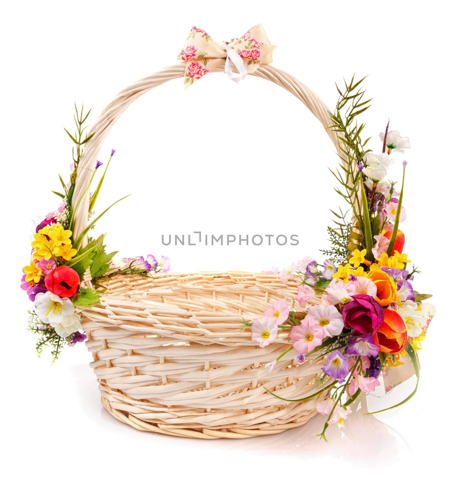 basket decorated with flowers on a white background