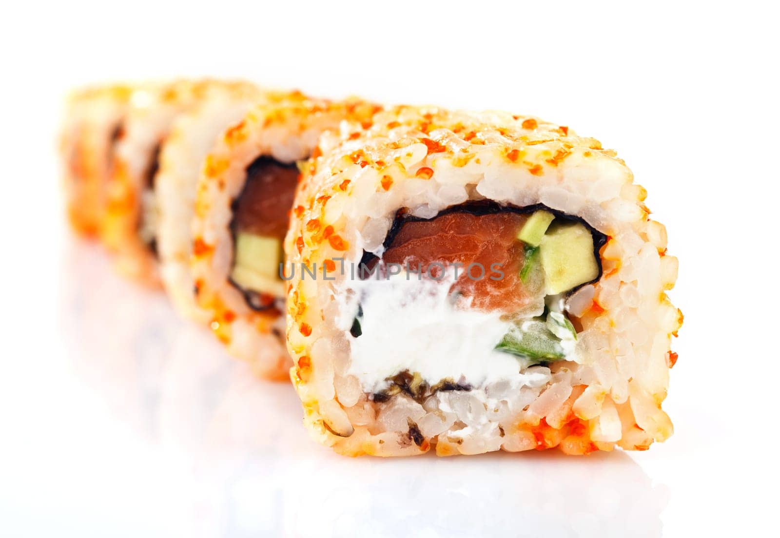 traditional fresh japanese sushi rolls on a white background