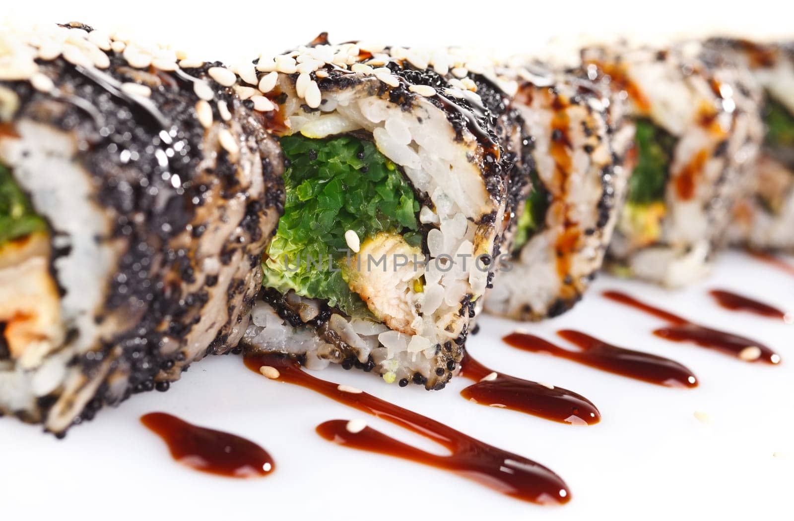 Traditional japanese sushi  with sauce isolated on white background