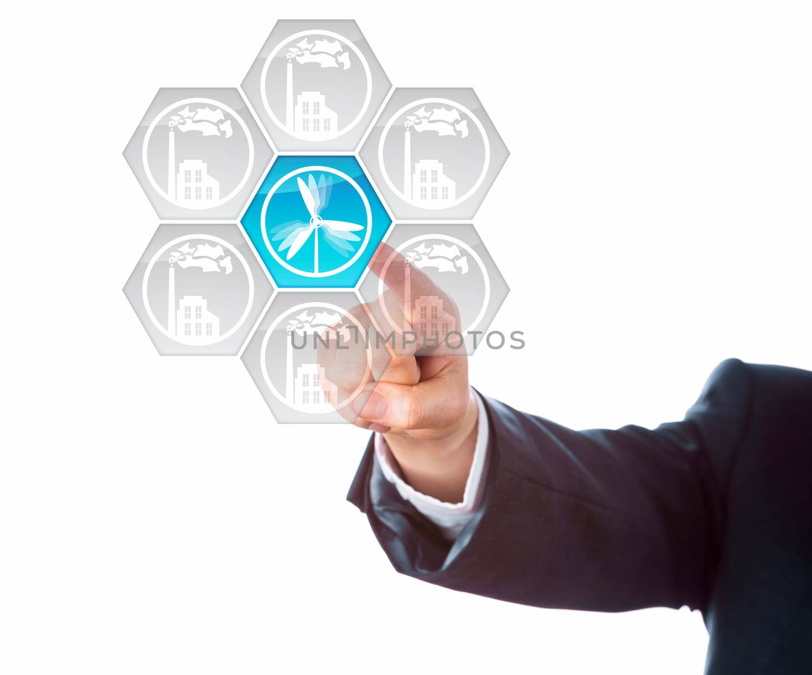 Wind energy icon flashing in blue upon touch by a hand of a business man. The wind power push key is at the center of a circular arrangement of interface buttons depicting factories. Cutout on white.