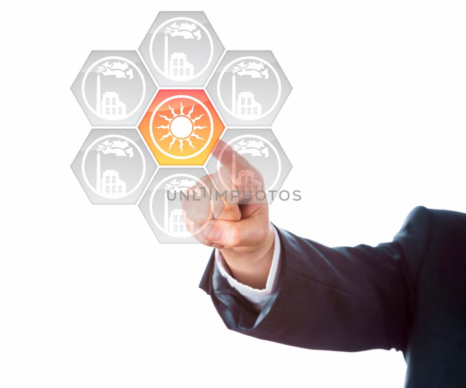 Right arm of a business man in dark blue suit is pointing at a solar energy icon. Lighting up in yellow, the solar power button is standing out from grey factory symbols. Metaphor for energy turn.