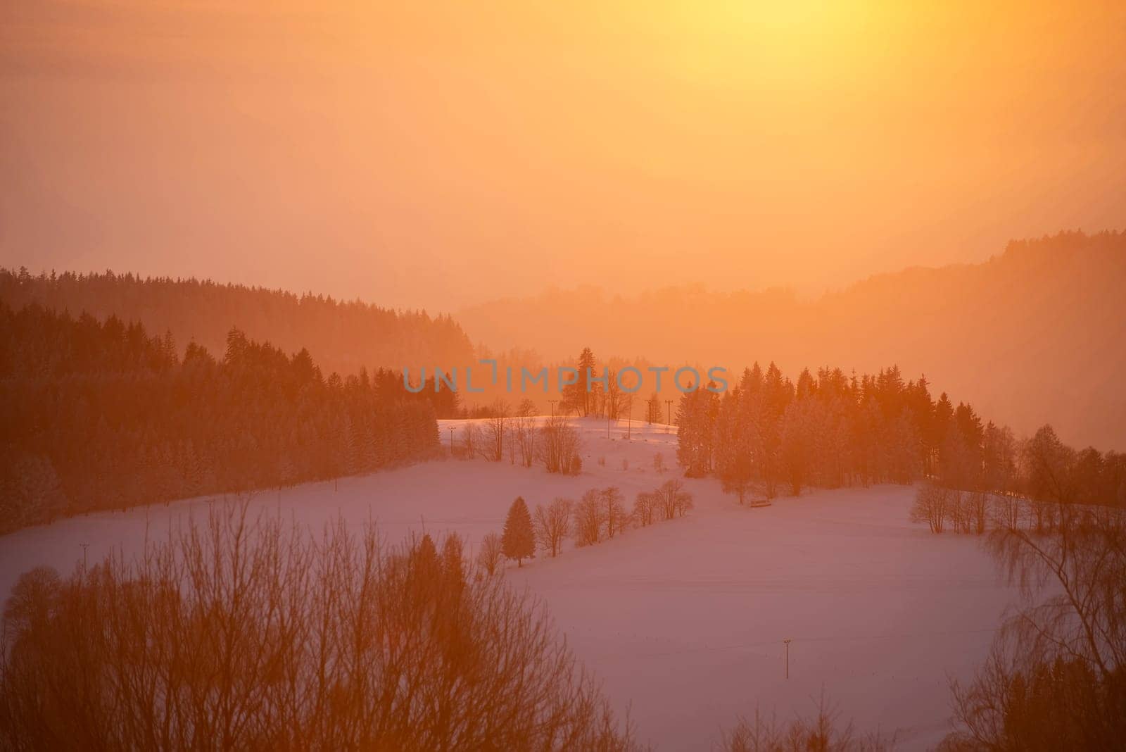 sunset in winter, Benecko, giant mountains, Czech republik