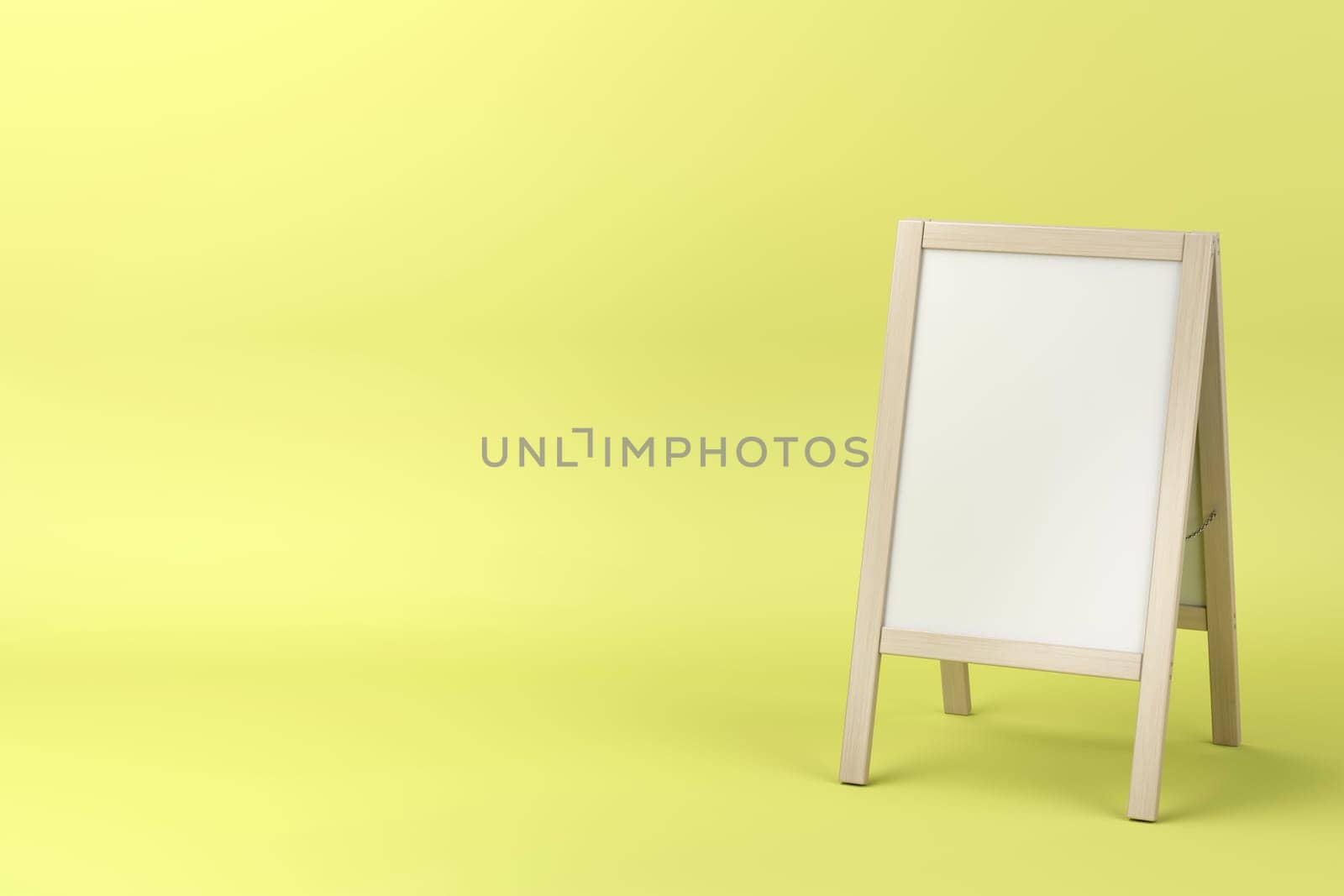 Outdoor menu display board with wooden frame on yellow background