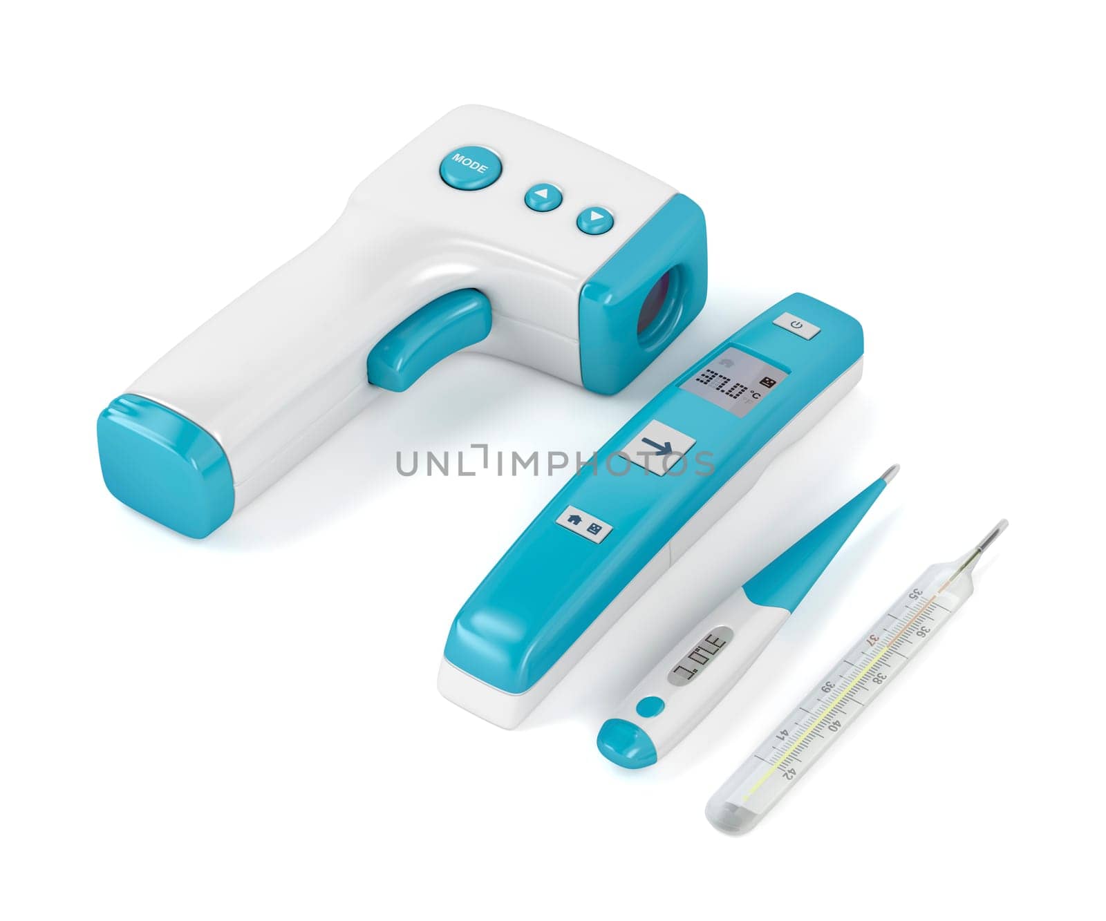 Four different types of medical thermometers on white background