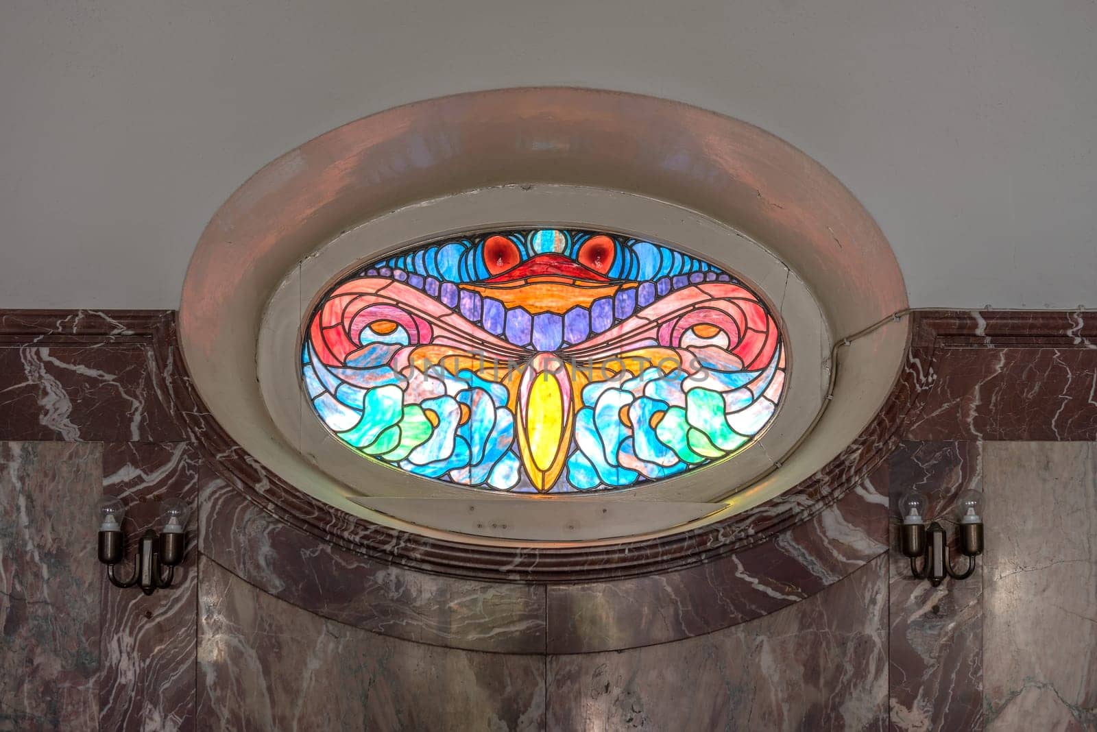 colored art nouveau window in the historic bath house Sprudelhof, Bad Nauheim, Germany