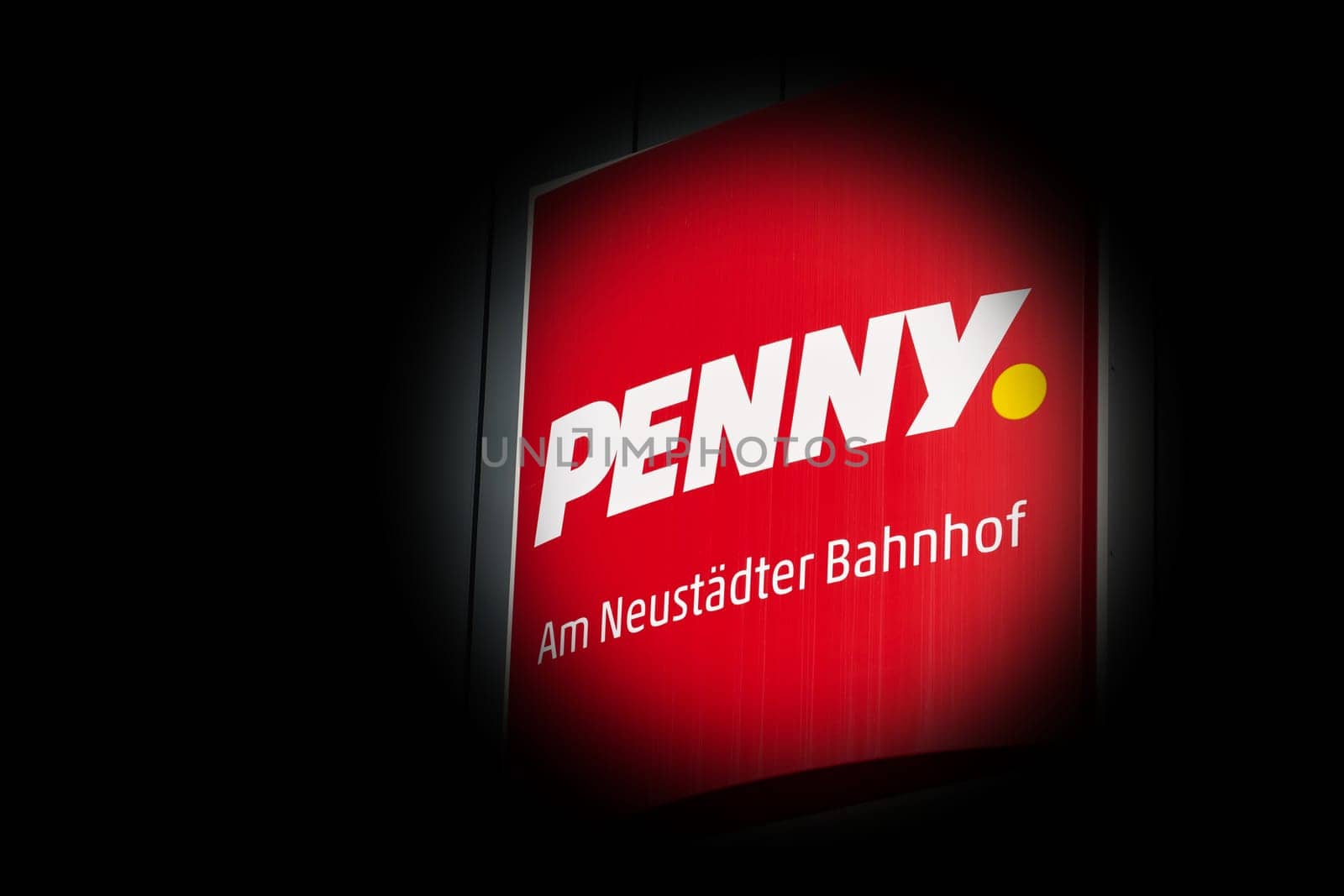 Neon sign for a branch of the food discounter Penny in the city center of Magdeburg in Germany