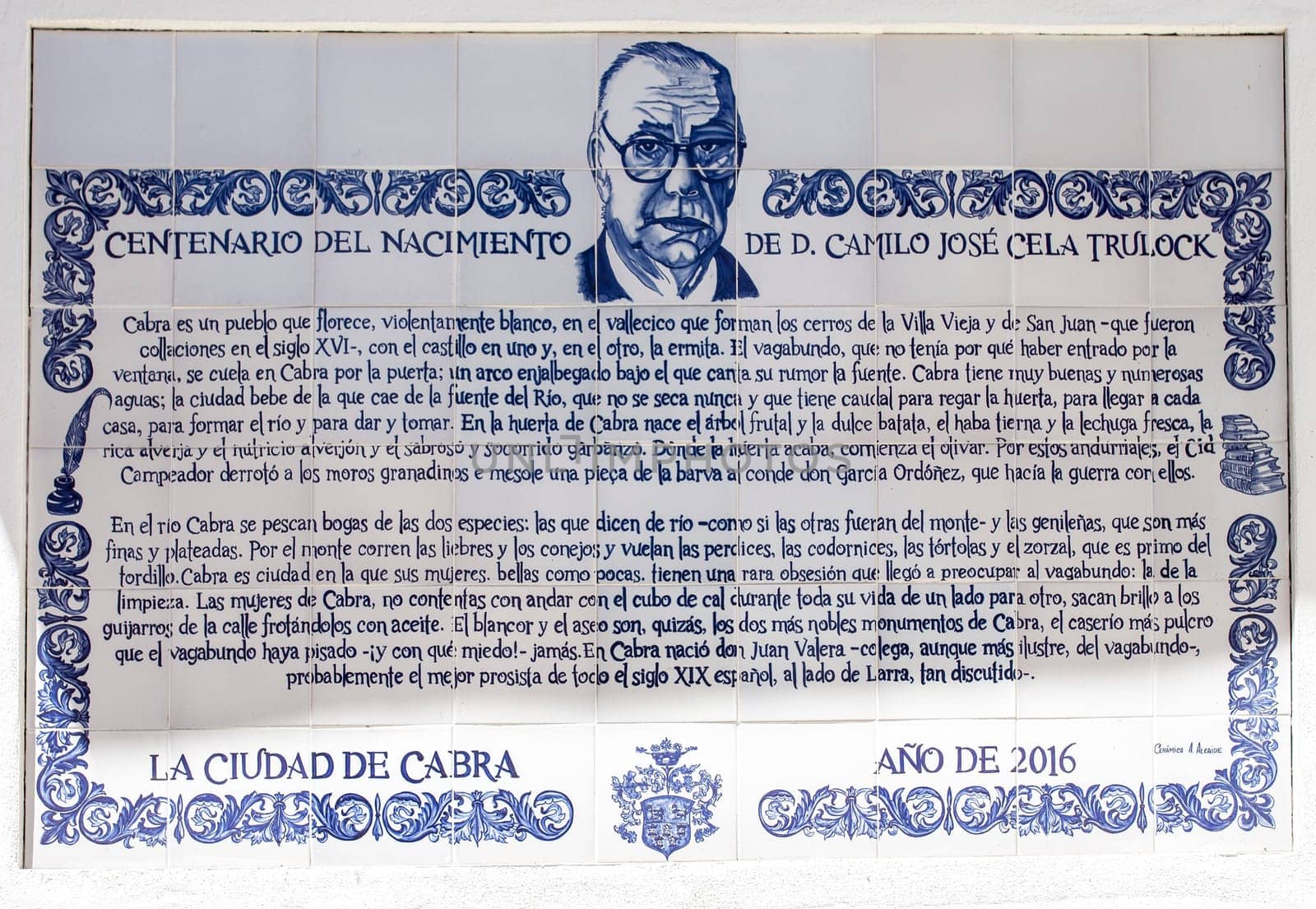 Cabra, Spain - May 19th, 2019: Memorial glazed tiled plaque to Camilo Jose Cela. Cabra, Cordoba, Spain