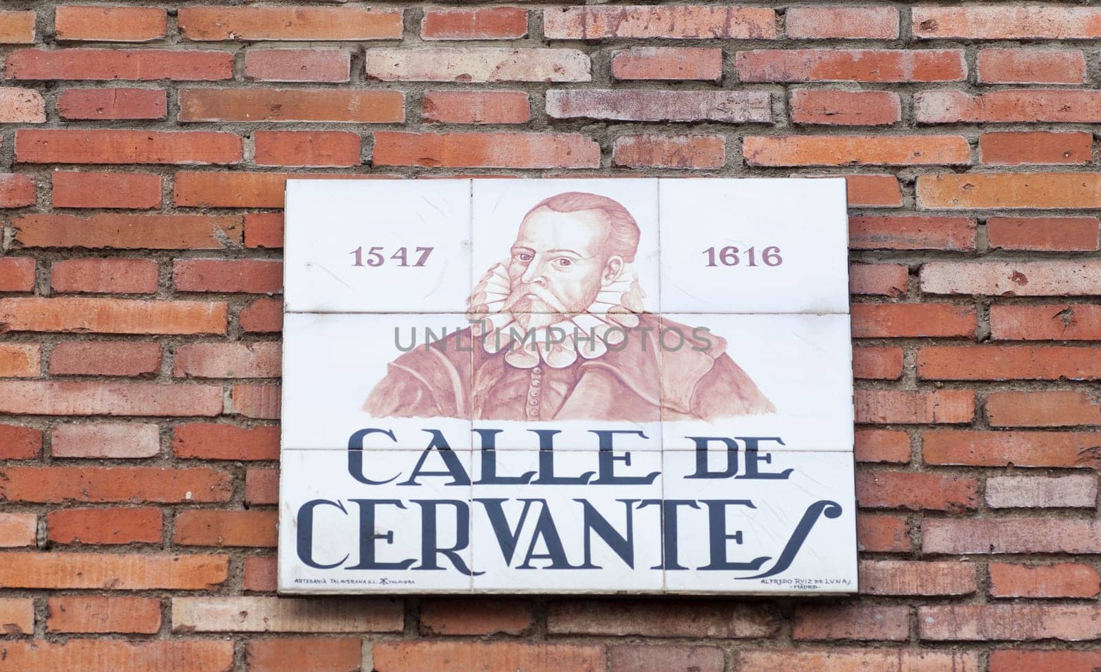 Miguel de Cervantes Saavedra street plaque. Madrid Literary Quarter where had his home in 17th Century