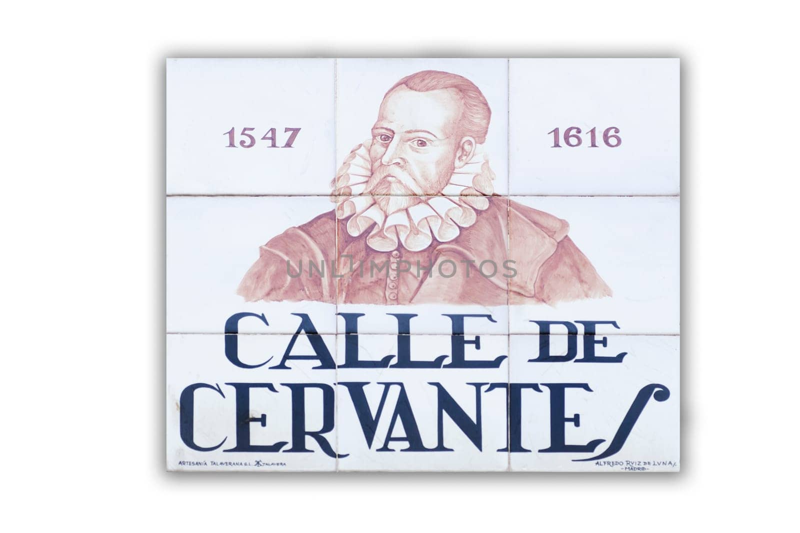 Miguel de Cervantes Saavedra street plaque. Madrid Literary Quarter where had his home in 17th Century