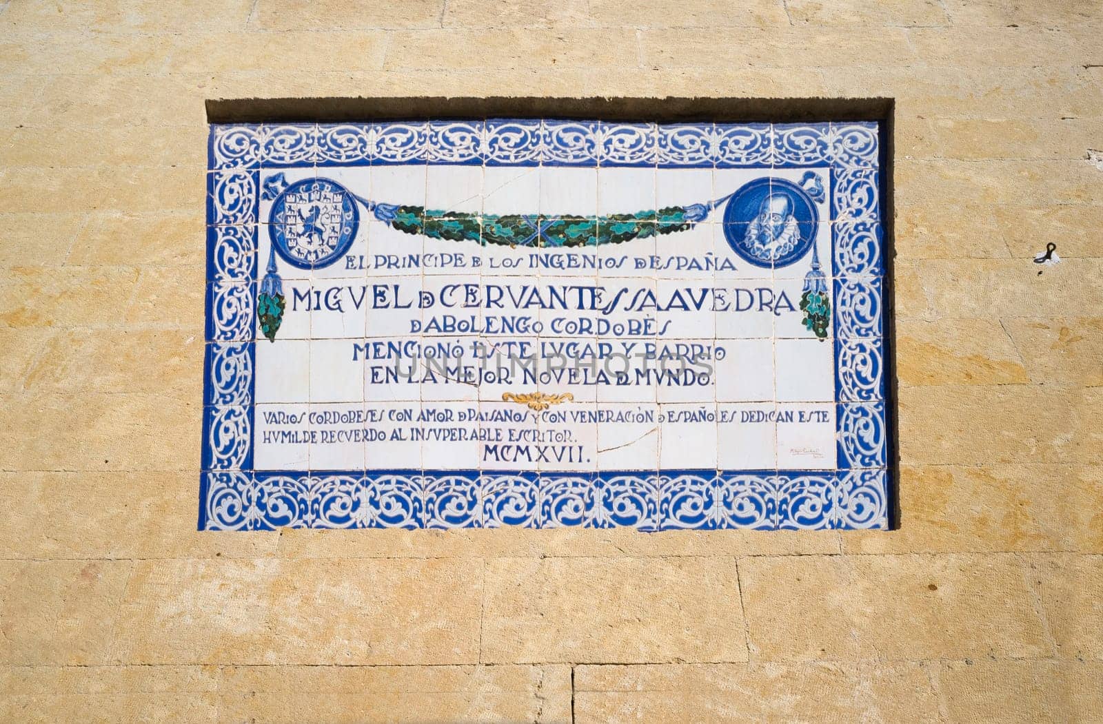 Cordoba, Spain - Dec 7th 2018: Miguel de Cervantes Saavedra memorial plaque. Plaza del Potro de Cordoba, Spain