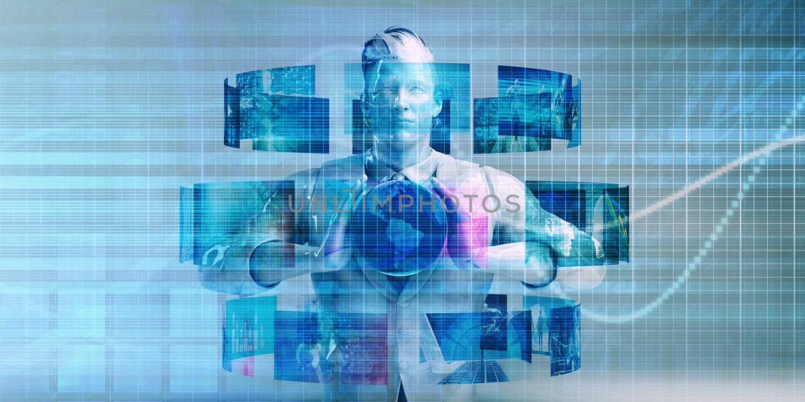 Man Surrounded By Technology Data and Information Art