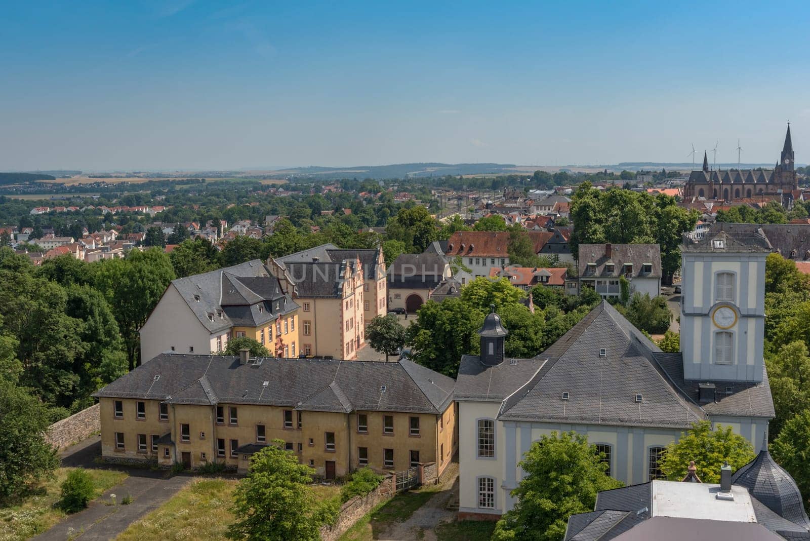 View from the Adolfsturm of the castle to the city of Friedberg, Hesse, Germany