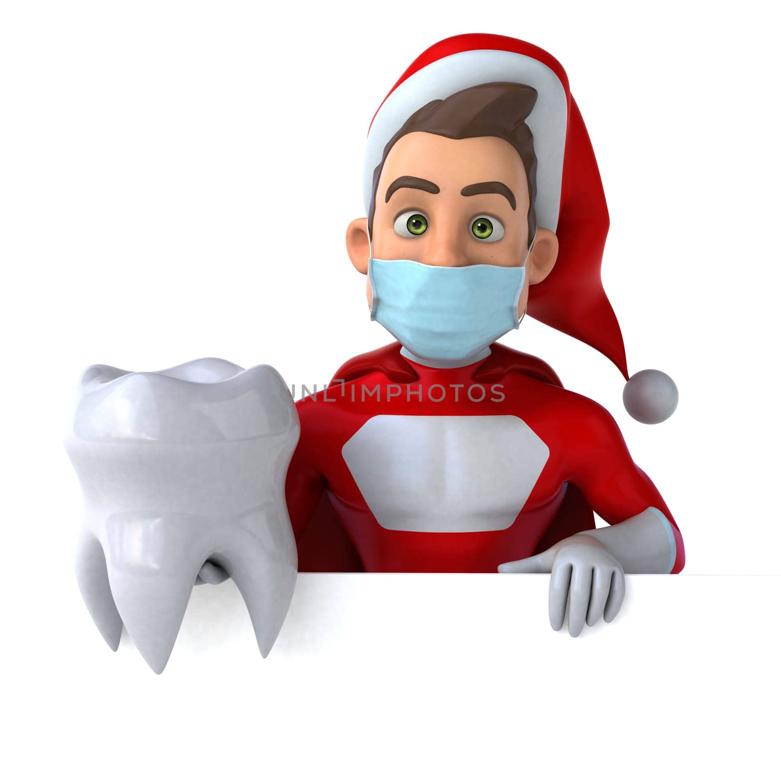 Fun 3D illustration of a cartoon Santa Claus with a mask