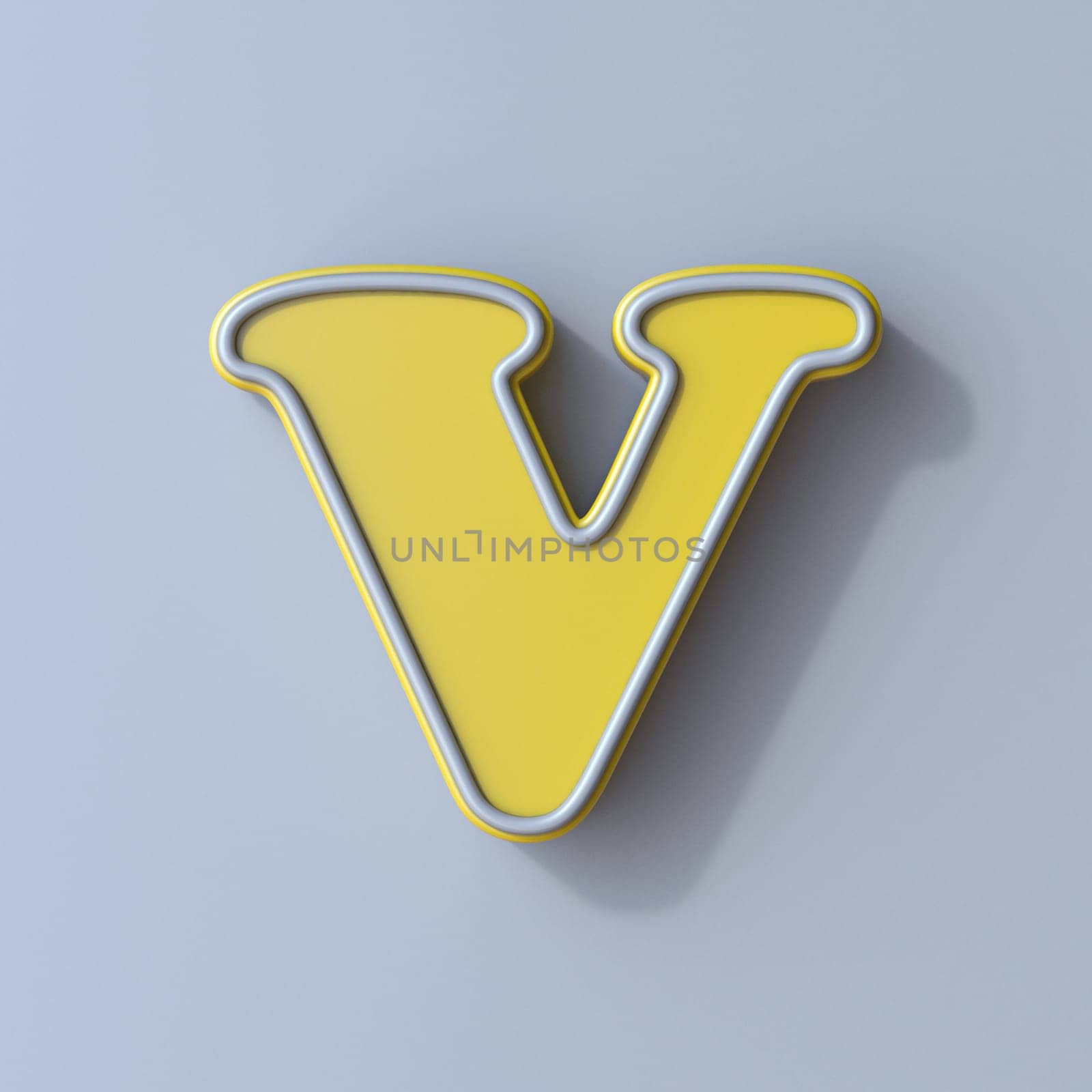 Yellow cartoon font Letter V 3D render illustration isolated on gray background