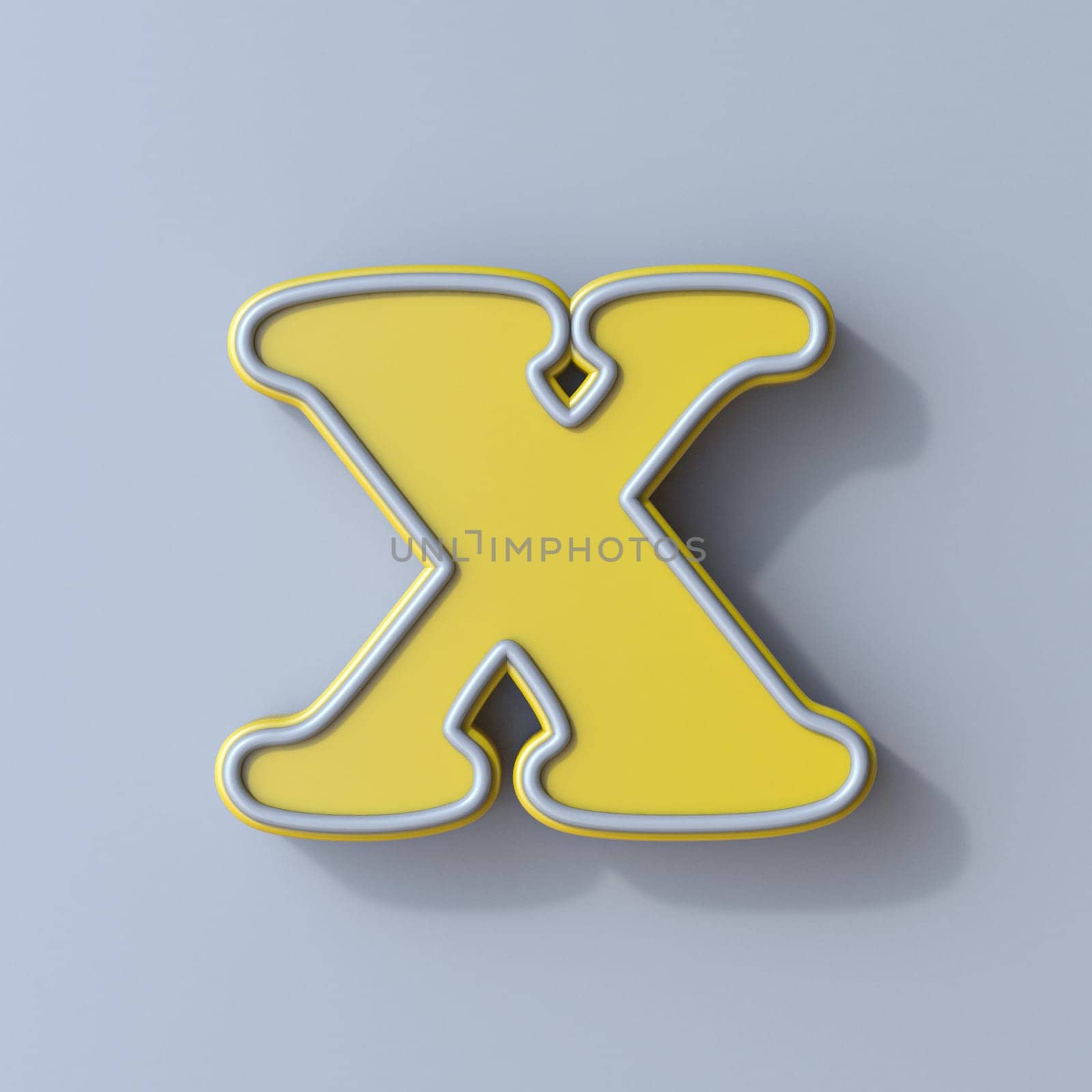 Yellow cartoon font Letter X 3D render illustration isolated on gray background