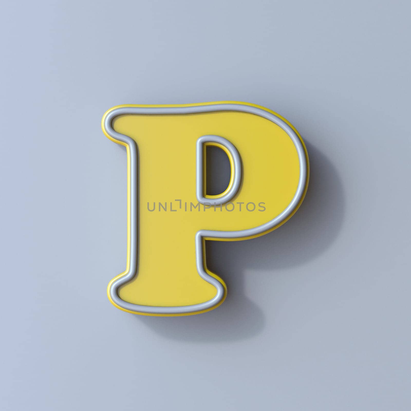 Yellow cartoon font Letter P 3D render illustration isolated on gray background