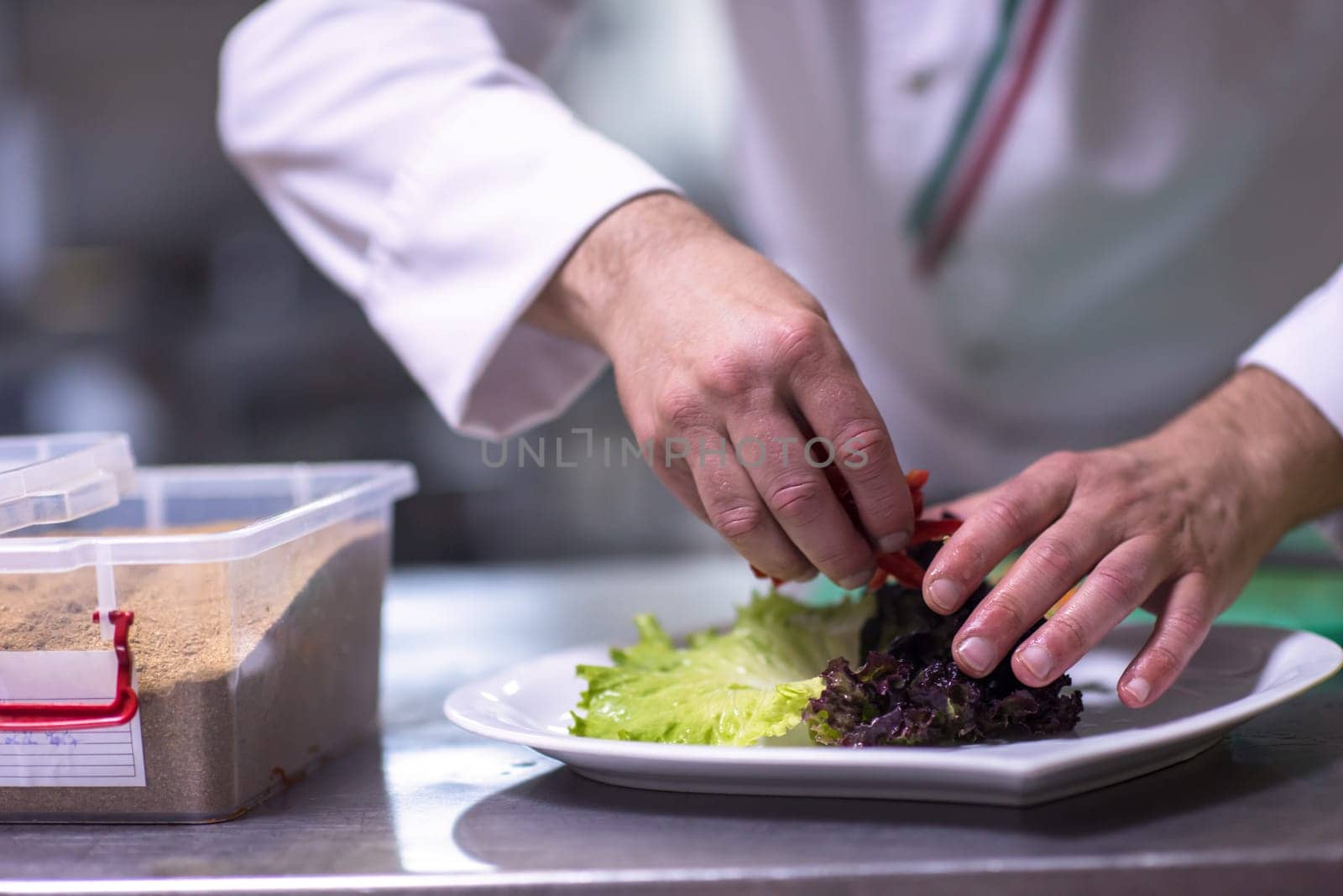 chef serving vegetable salad on plate in restaurant kitchen