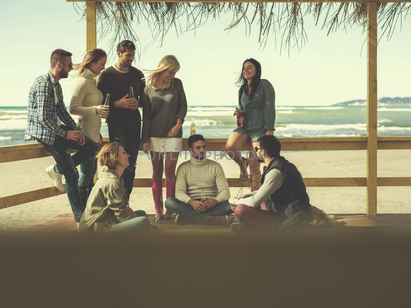 Happy Group Of Friends Hanging Out At Beach House having fun and drinking beer on autumn day colored filter