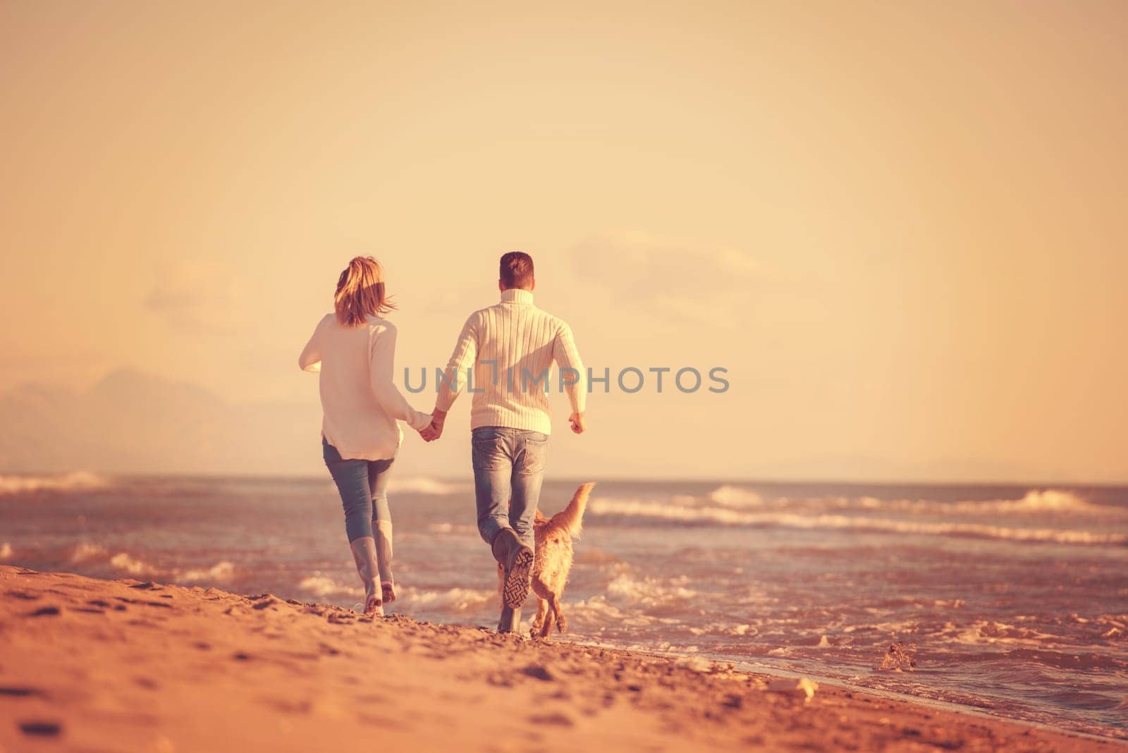 Couple Running On The Beach Holding Their Hands with dog On autmun day
