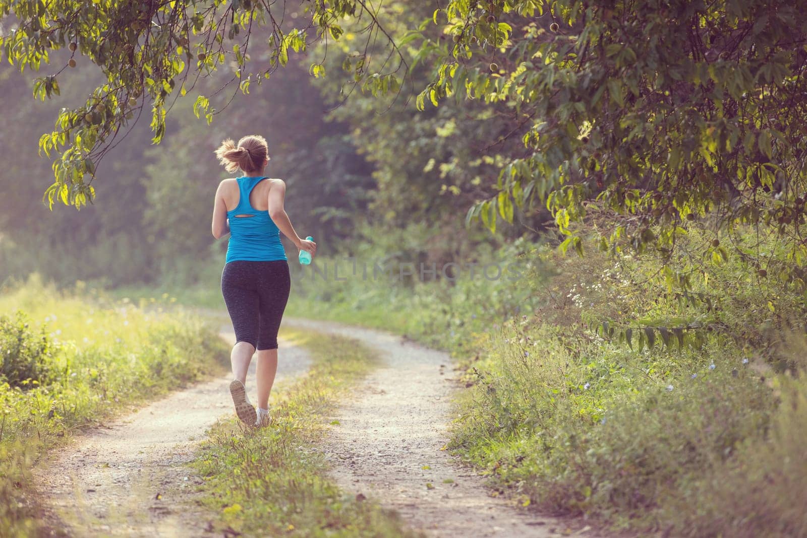 young woman enjoying in a healthy lifestyle while jogging along a country road, exercise and fitness concept