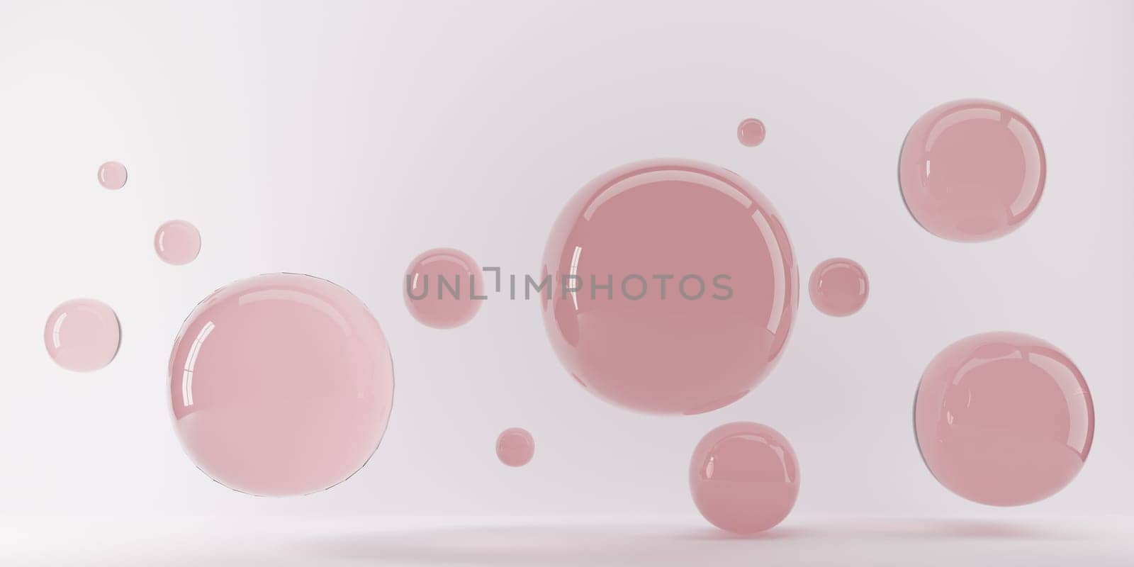 3D rendering of abstract science fiction concept. Group of spheres levitate. Flying spheres in empty space, abstract bubbles. Pink balls on pink background.