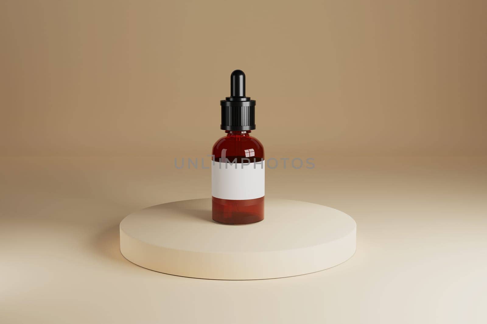Mockup of essential oil glass bottle. 3d render design. Jar for cosmetic on pedestal composition