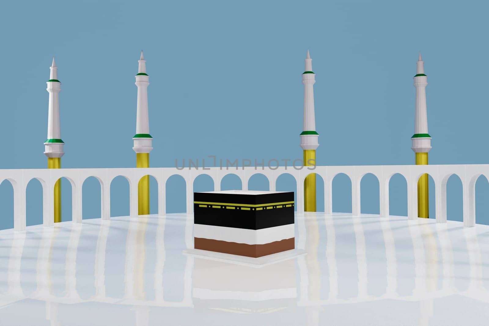 Islamic pilgrimage. Kaaba for hajj steps in Al-Haram Mosque Mecca Saudi Arabia on blue sky - Eid Adha Mubarak. 3d render.