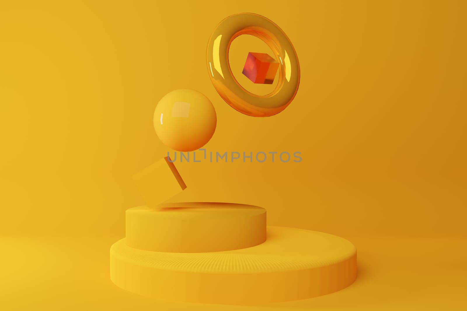 Yellow geometric shapes forms composition on yellow background. Levitation concept