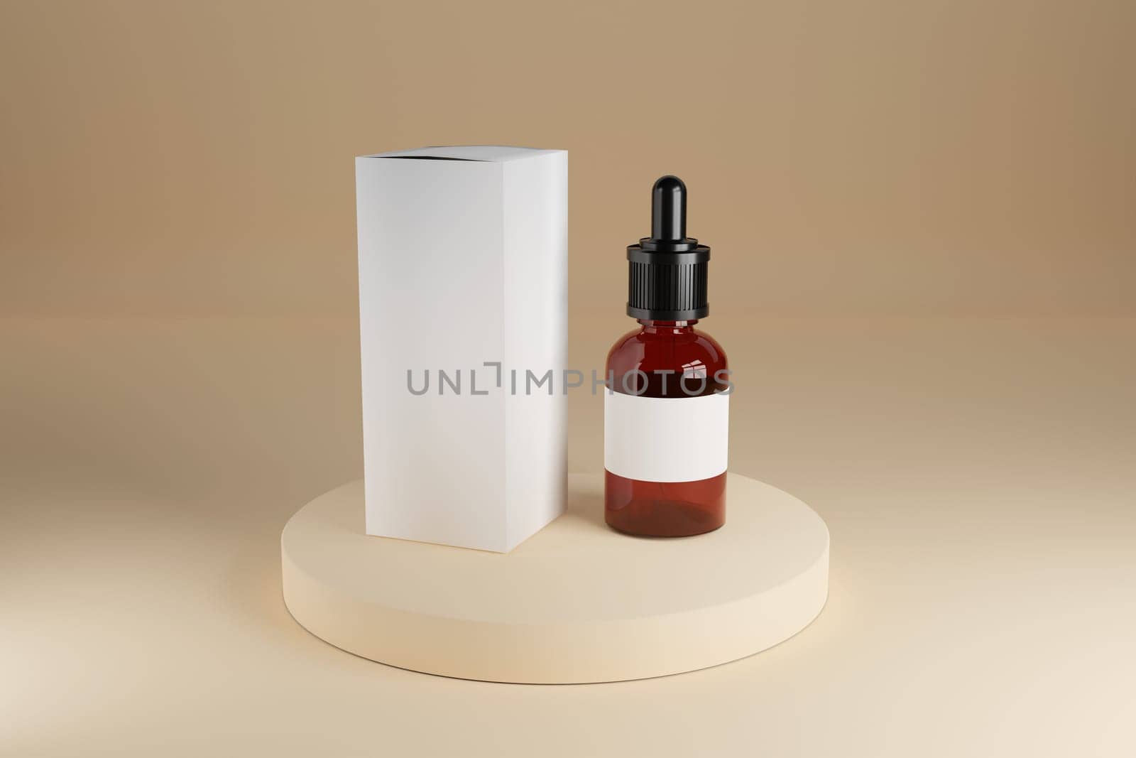 Brown glass cosmetic bottle mock-up with blank white box on stage. 3d render.