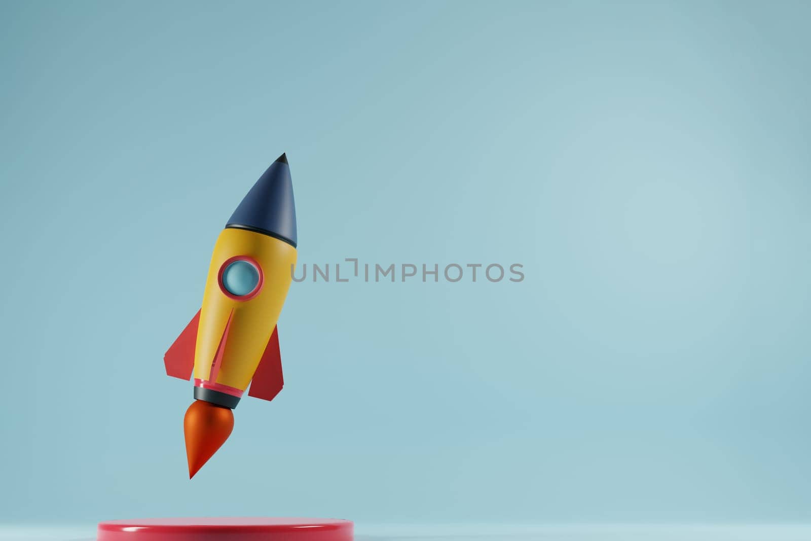 Launched rocket with copy space for text on blue background. Startup business concept. 3D render.