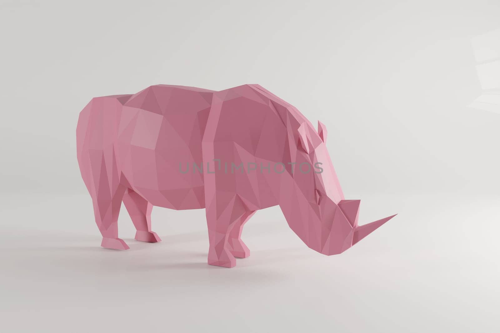 Low poly pink rhinoceros isoleted on white background. 3d rendering. Cartoon creature