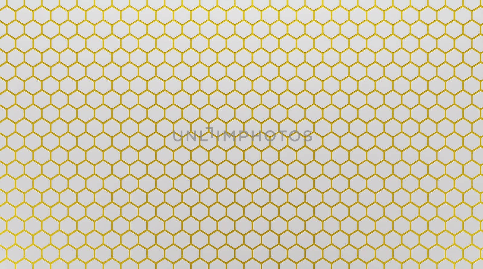White ceramic hexagon tiles mosaic with gold grout in seams. Background, luxury pattern. 3d rendering.