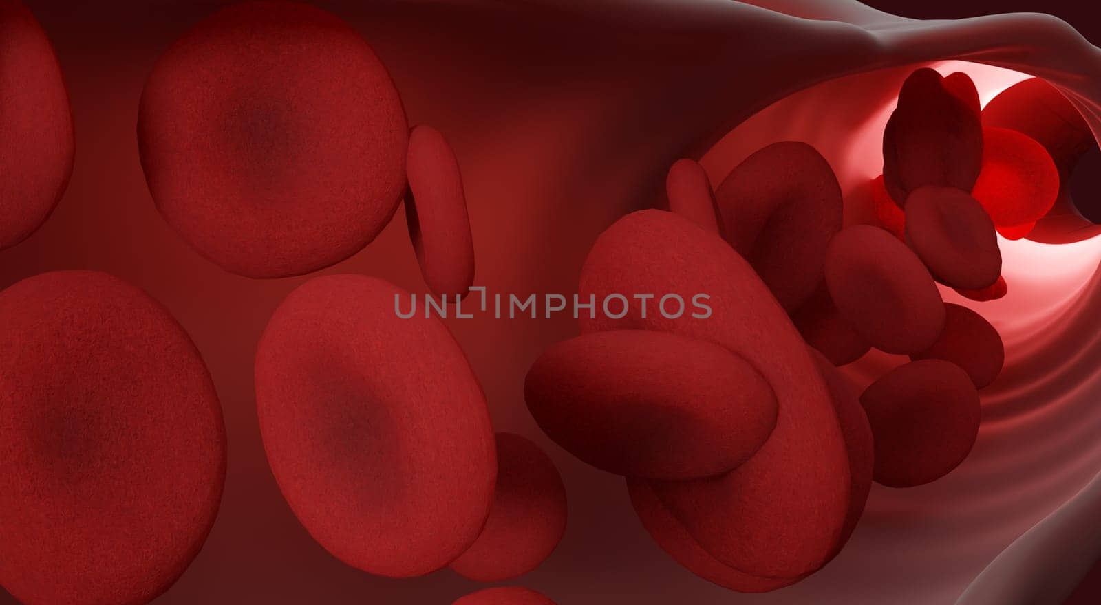 Red blood cells flowing through the veins. Close up view from inside. 3d rendering. Medicine and science micro technology