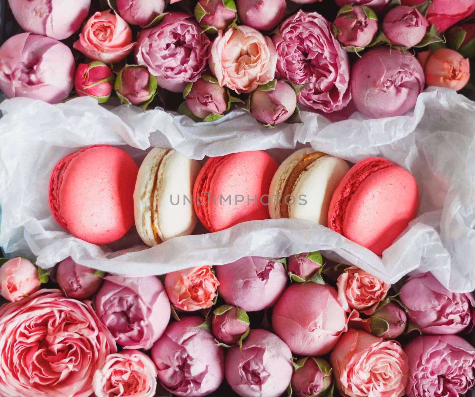 French macaron cake. Macaroons in box with fresh flowers. Top view.