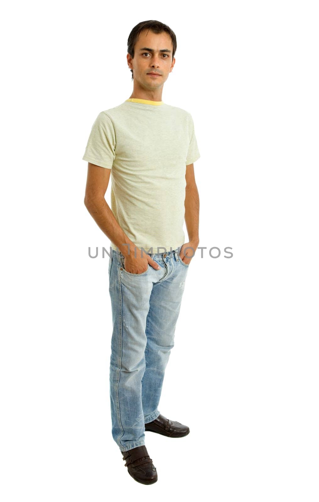 young casual man full length in a white background