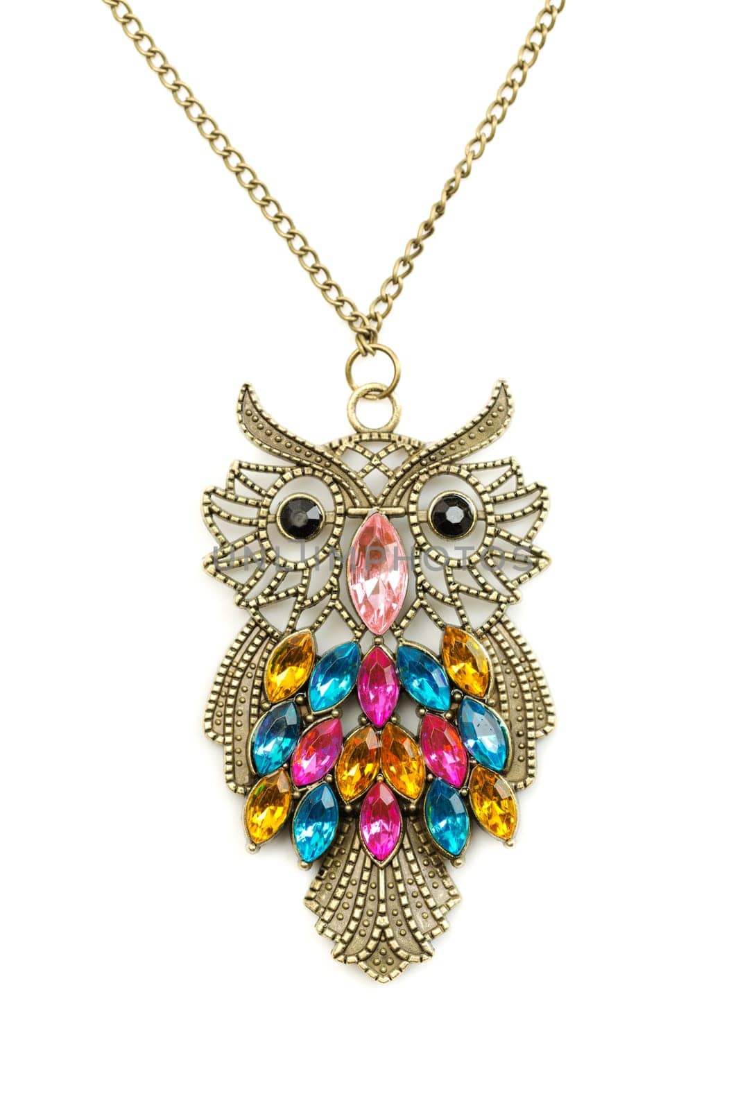 Owl necklace adorned with precious stones on a chain. Isolate on white.