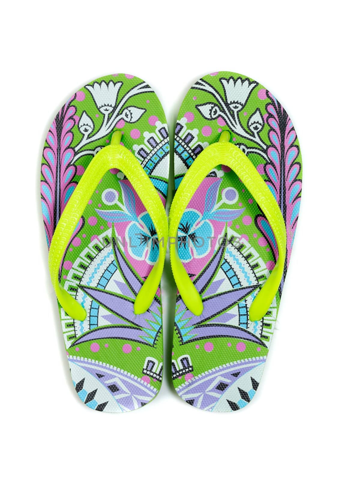 Pair of colored beach slippers. Isolate on white.