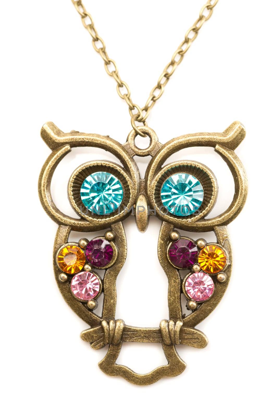 Owl necklace adorned with precious stones. Isolate on white.