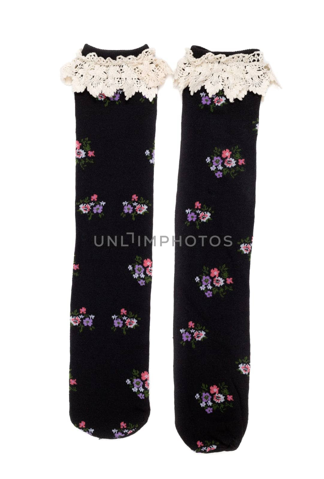Pair of female socks with lace. Isolate on white.