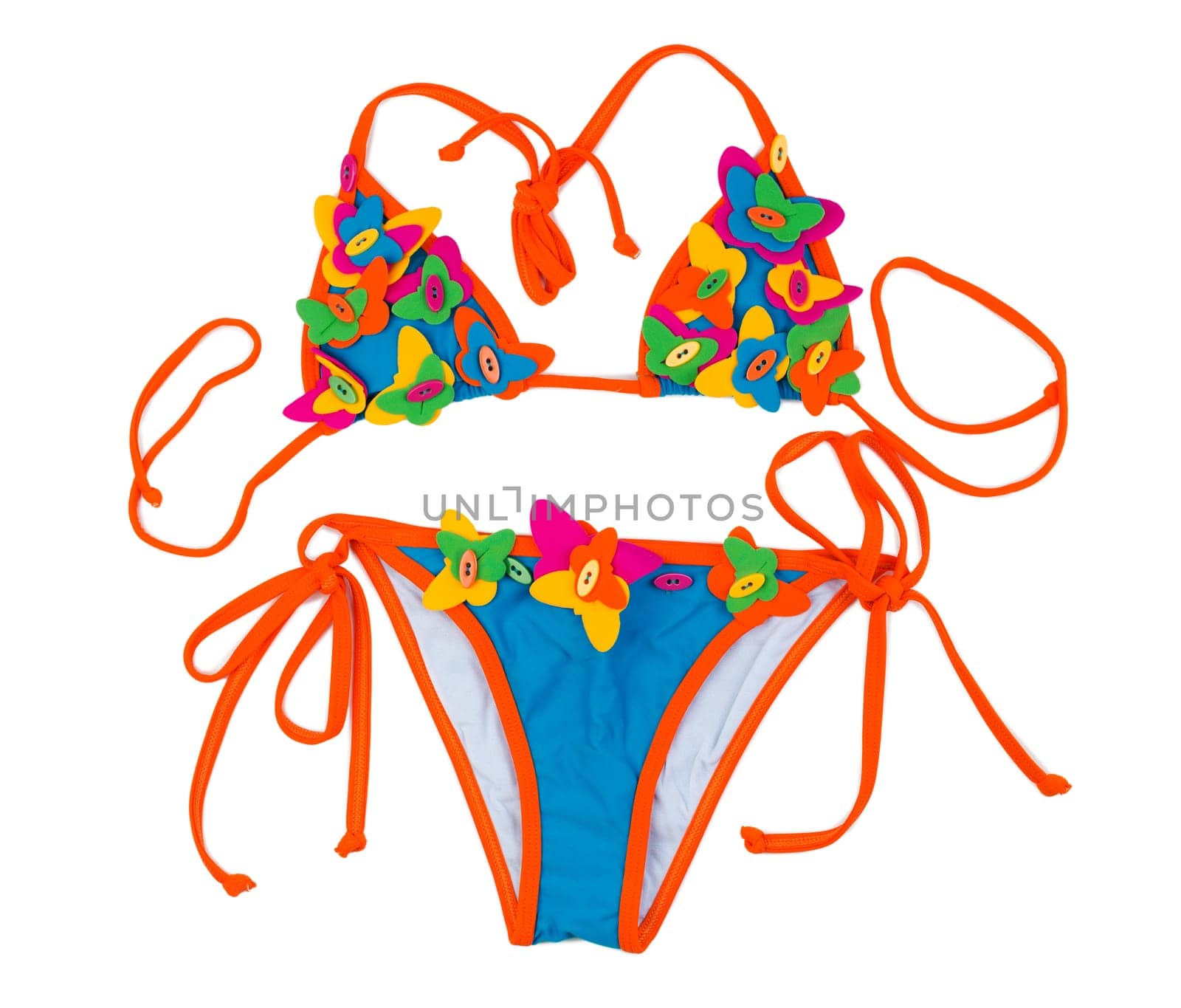 Orange with blue swimsuit with a pattern of a butterfly. Isolate on white.