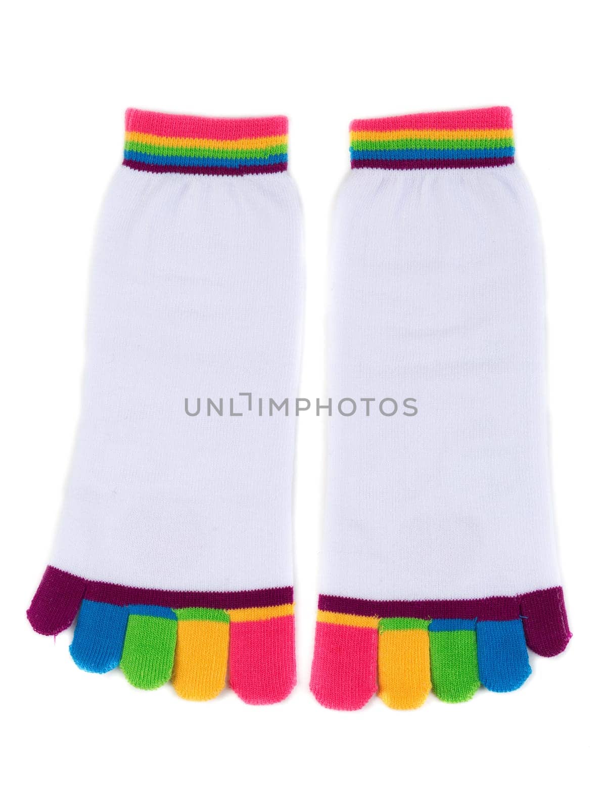 Pair of white socks with colored fingers. Isolate on white.