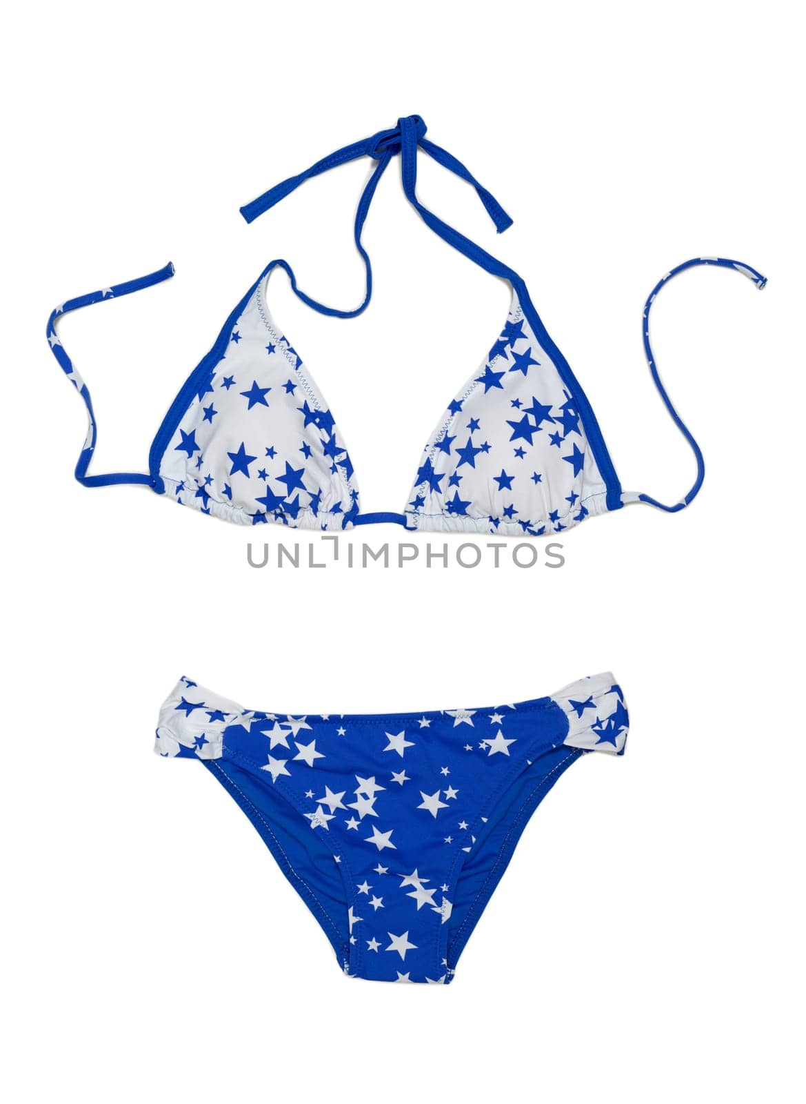Blue with stars fashionable swimsuit. Bra and panties. Isolate on white.