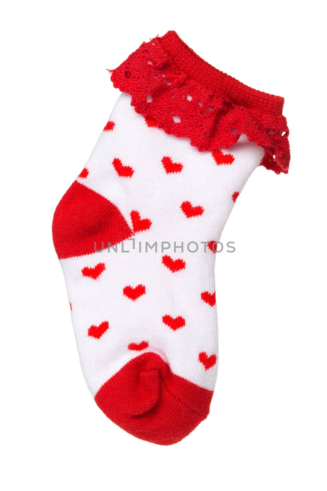 Sock with a red pattern heart. Isolate on white.