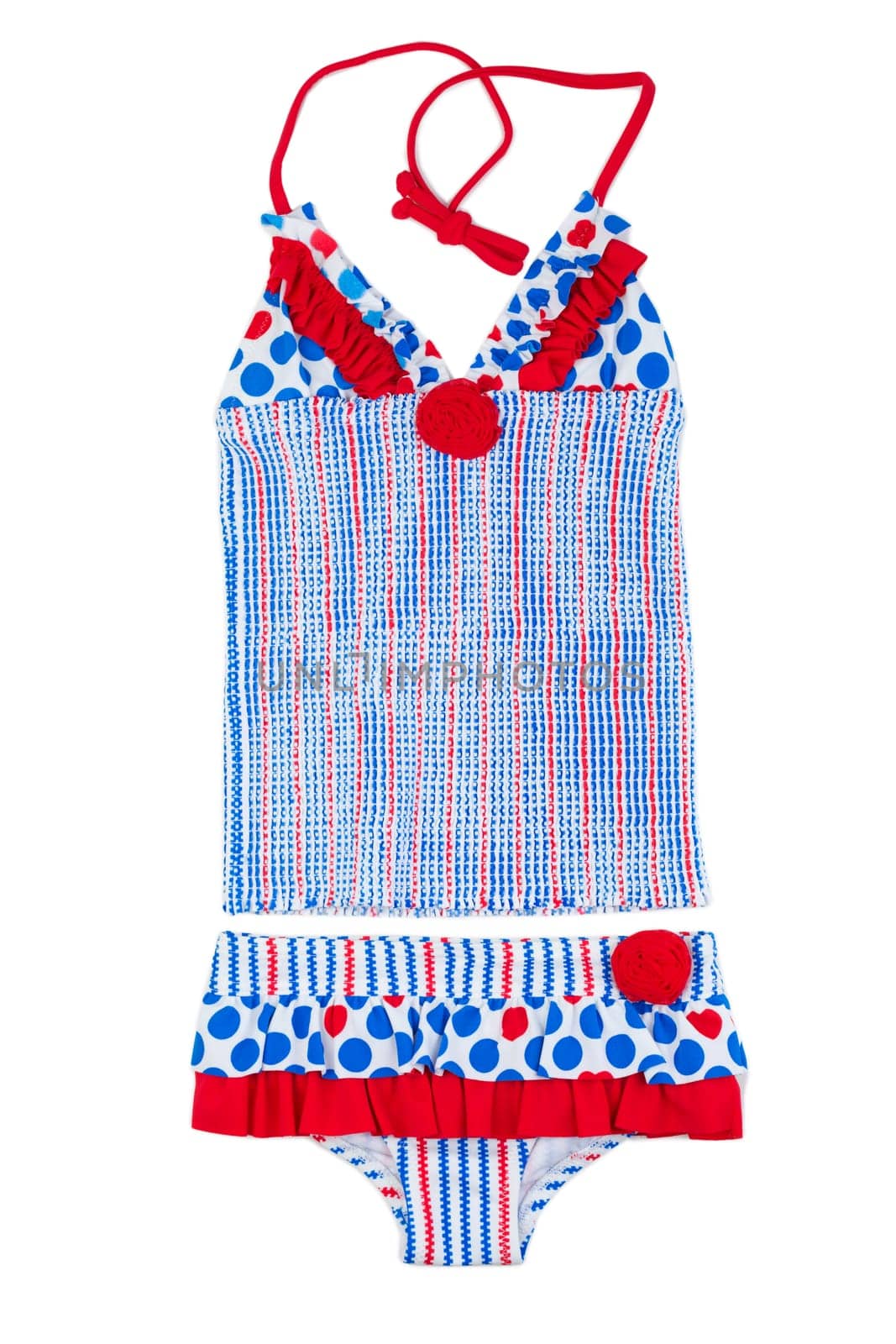 Blue striped swimsuit isolated on white background.