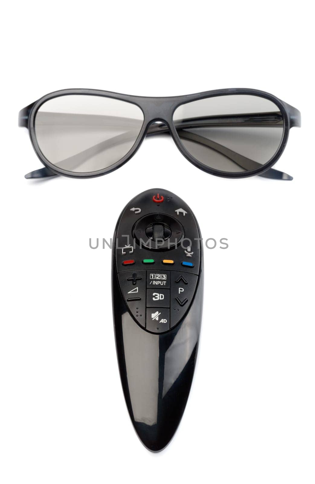 3d glasses and remote control TV. Isolate on white.