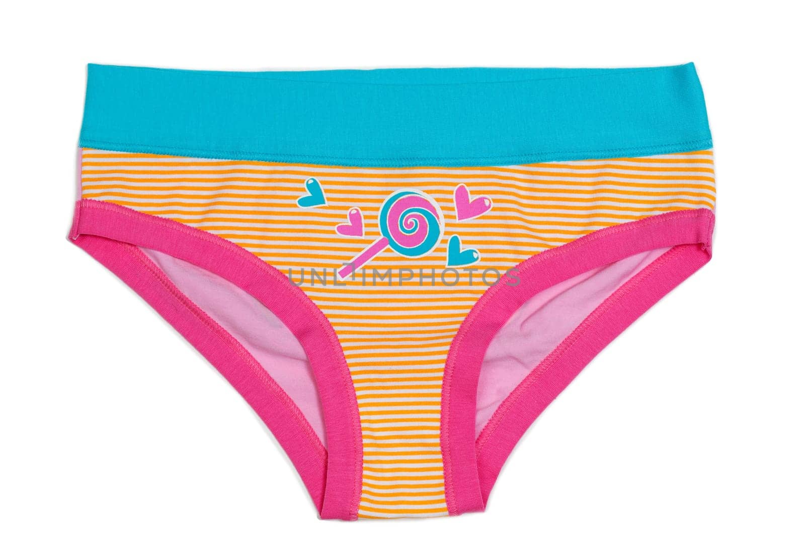 Women's striped panties, orange and blue with applications. Isolate on white.