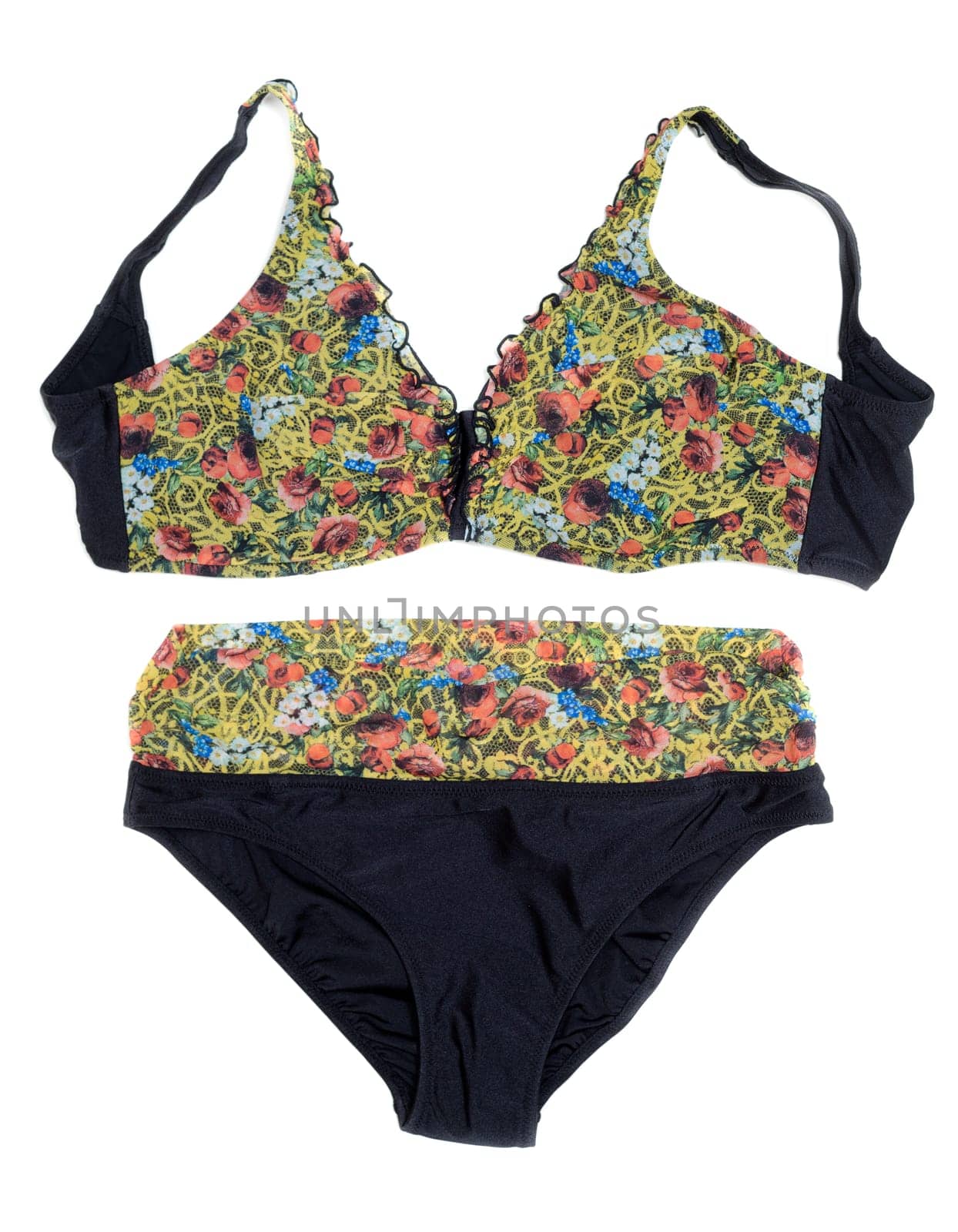 Black with yellow swimsuit. Isolate on white background.